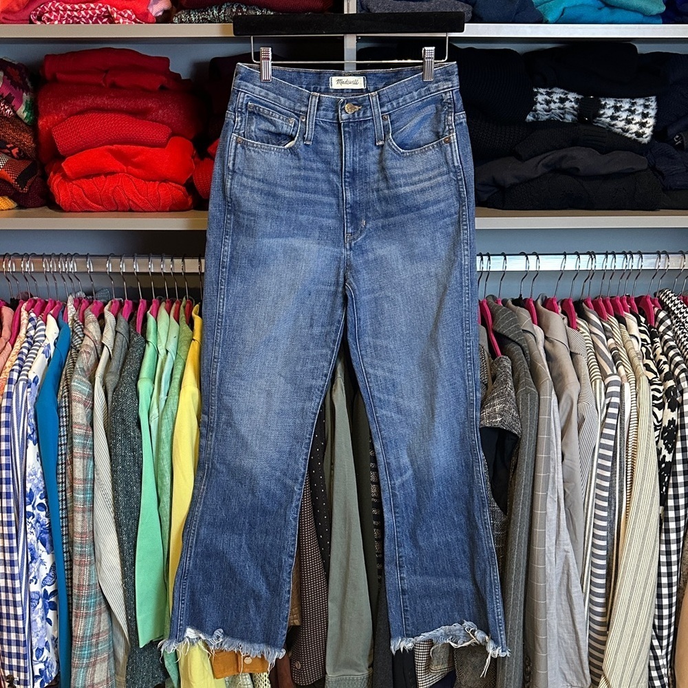 Madewell blue raw hem 5 pocket Rigid flare leg jeans size 27